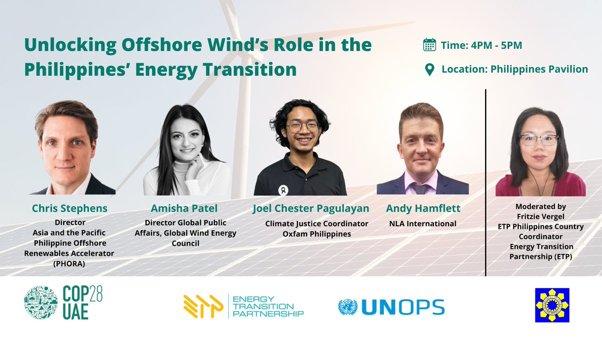 Our final event for the day starts at 4pm today, at the Philippines Pavilion!

We are joined by an esteemed line up of panelists to discuss the role of offshore wind in Philippines' energy transition journey.

@GWECGlobalWind #PHORA #BlueEconomySolutions @oxfamph #ETPatCOP28