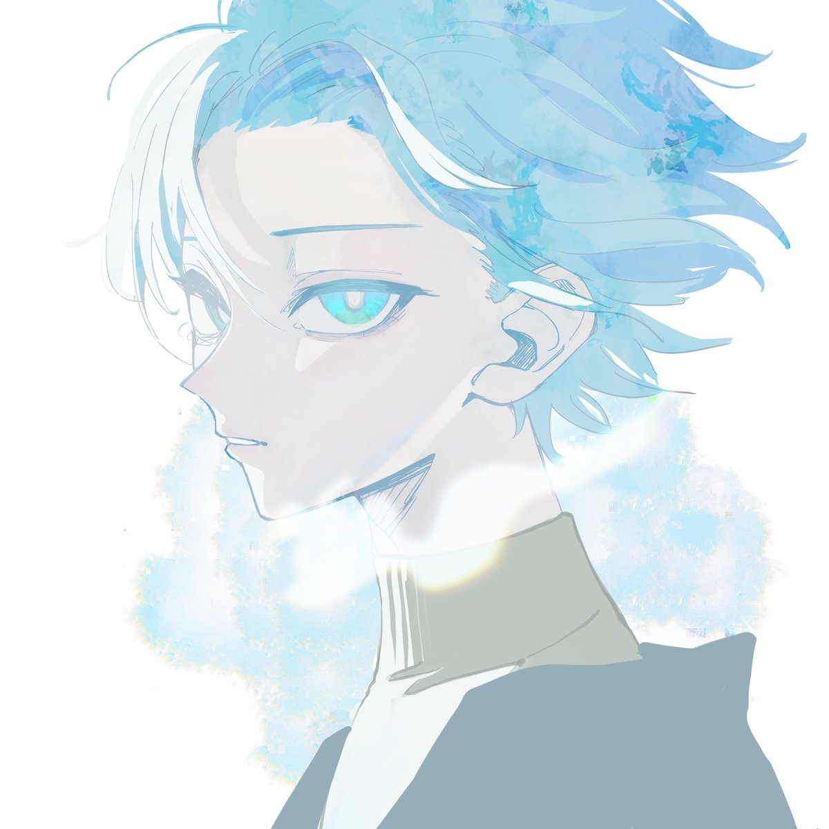 solo short hair looking at viewer 1boy male focus turtleneck blue hair  illustration images