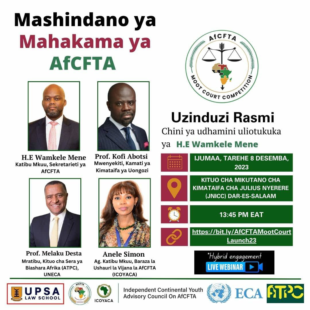ICOYACA and partners are excited to officially launch the AfCFTA Moot Court Competition. It aims to increase awareness of the #AfCFTA legal framework and build the capacity of young lawyers on AfCFTA Dispute Resolution. 🗒️8 December 📍Dar es Salaam, Tz 🔗bit.ly/AfCFTAMootCour…