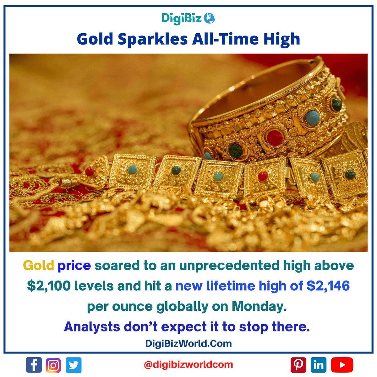 DigiBizWorldCom's tweet image. Gold price today ascended above $2,100 levels and hit a life-time high of $2,146 per ounce levels. 

Gold rate on Monday ascended to a new life-time peak in domestic market as well. 
. 
. 
. 
. 
#DigiBizWorld #Gold #commodity #GoldPrice #MCX #goldmarket #goldjewellery