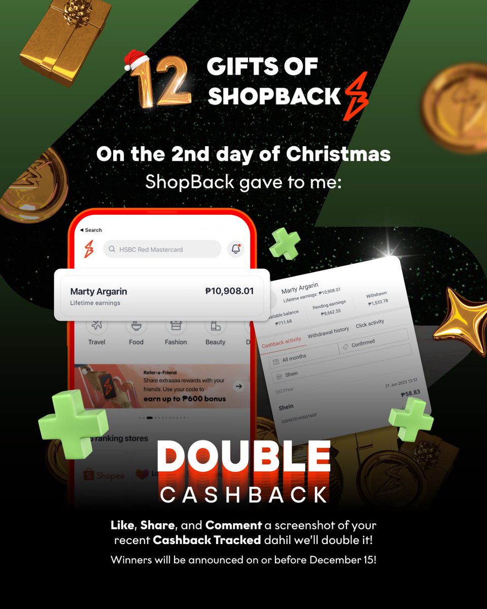 shopbackph's tweet photo. On the second day of Christmas, ShopBack gave to me: DOUBLE CASHBACK!

🎁 Like and RT this post!
🎁 Comment your answer with a photo of your Cashback Tracked.
🎁 Must be following ShopBack!

#PinakaEXTRAAA #NinongShopBack
#ShopBackPH https://t.co/Ev5ztn3ljo