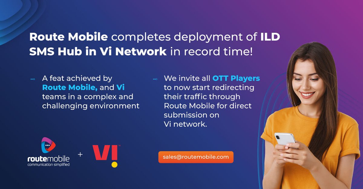 routemobile's tweet image. 📣We are delighted to share that our ILD SMS Hub deployment in the #VodafoneIdea Network was completed in record time!
This is an exclusive partnership for monetization and aggregation of India-bound #A2PSMS traffic.

#RouteMobile #CPaaS #Partnership