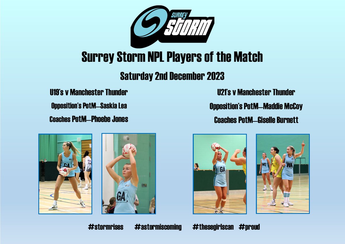 A fantastic weekend of netball for both our #u19 and #u21 squads, with well contested, exciting matches against <a href="/ThunderPathway/">Manchester Thunder Performance Pathway</a>. So much learnt, and really looking forward to round 2 next weekend.  Extra congrats to these guys... #aStormisComing #proudcoach #StormRises #GameDay