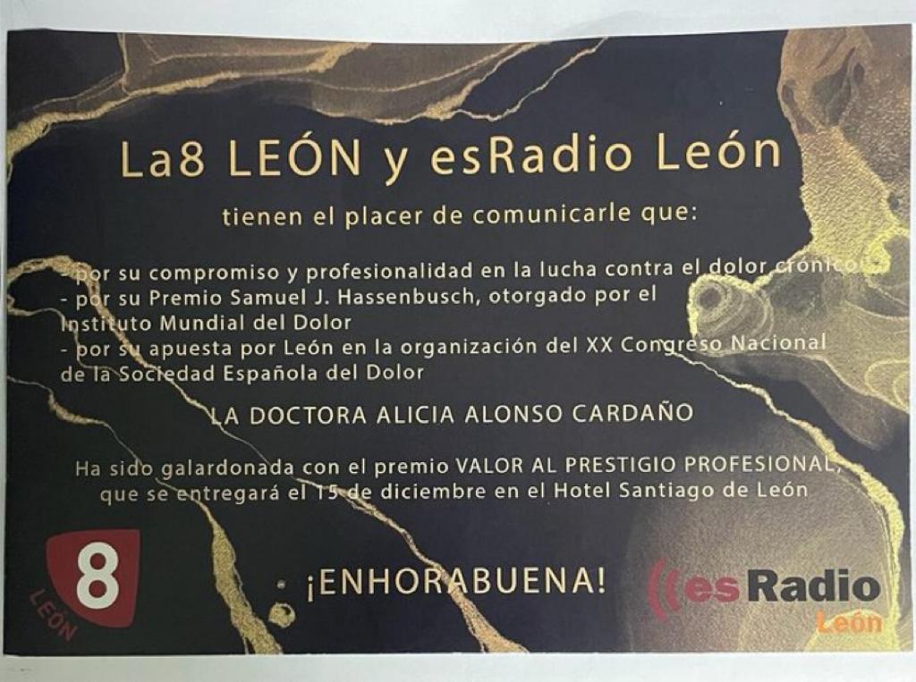 👏Felicidades a @afilandon, Presidenta del próximo congreso de la SED que se celebra en León y coordinadora del Grupo de Trabajo de Opioides de la @sedolor, por el Premio VALOR al Prestigio Profesional en los XVIII PREMIOS Valores 2023. 🎉🎉

<a href="/esRadio/">esRadio</a> <a href="/La8Leon/">La8 LEÓN</a>