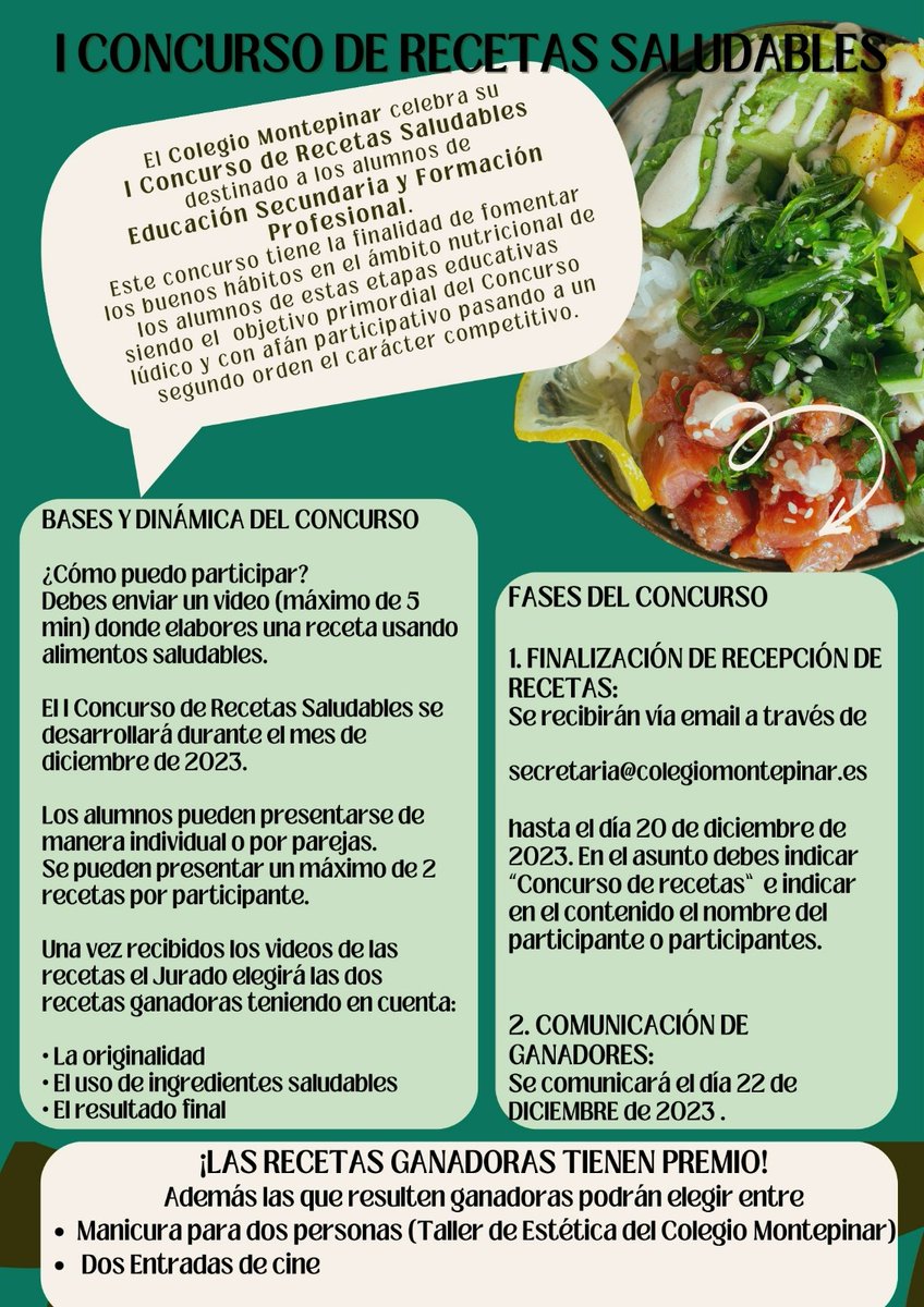 I Concurso de Recetas Saludables 🍅🍇🍎🍌🥕🍆. Si eres alumno de Educación Secundaria o Formación Profesional mándanos tu vídeo 📹con tu receta saludable favorita y ayudanos a fomentar los buenos hábitos nutritivos en nuestro colegio 🏫
#recetassaludables #habitossaludables