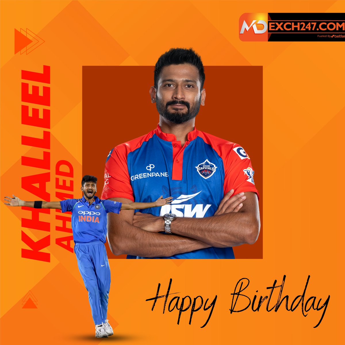 Happy Birthday to the talented fast bowler, Khaleel Ahmed! 🎂🏏 May your year be filled with wickets, success, and joy on and off the field. 🎉🔥 #HappyBirthdayKhaleelAhmed #CricketCelebrations 🎁🇮🇳