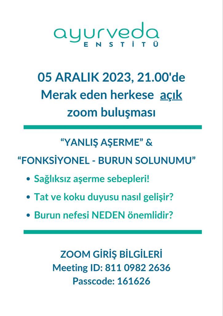 Bu akşam 21.00’de zoomda herkese açık “yanlış Aşerme” ve Burun çalışacağız. 

Yani lezzet ve tat için 2 olmazsa olmaz Tat ve Koku duyularımızın yeniden aktif etmeyi konuşacağız. 

Sevgilerimizle
Hande &amp; Lale
🫶🏻

ZOOM GİRİŞ BİLGİLERİ
Meeting ID: 811 0982 2636
Passcode: 161626