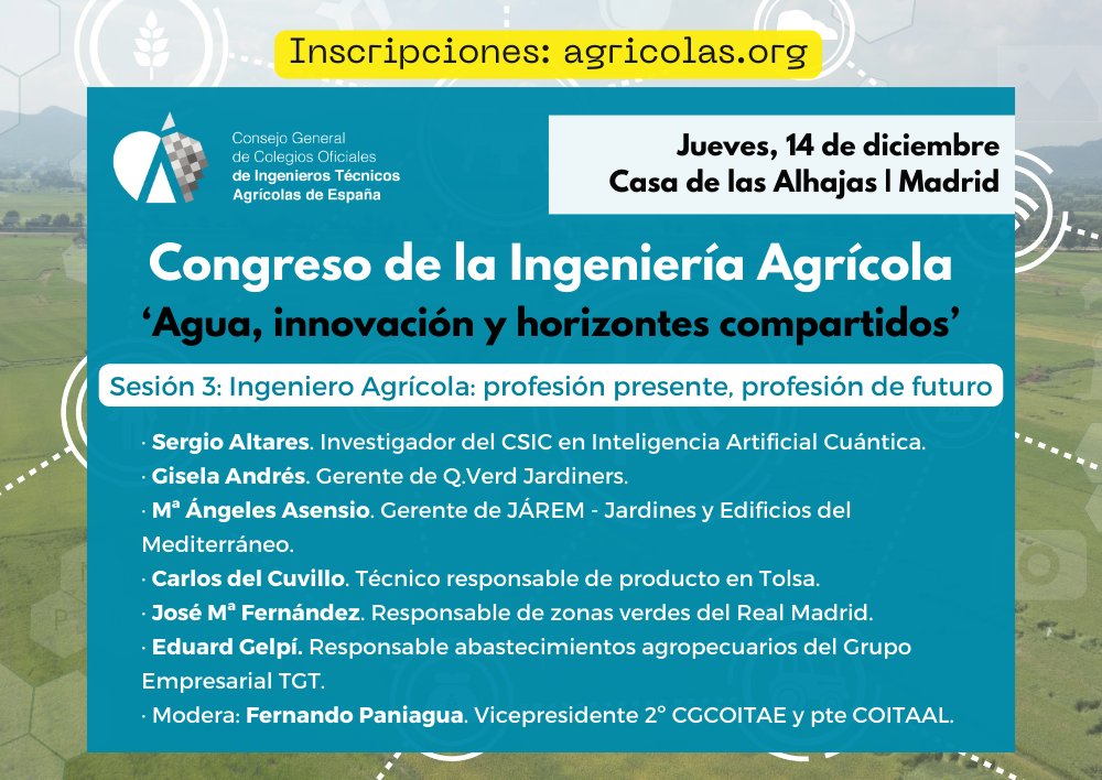 ConsejoAgricola's tweet photo. #CongresoIngenieríaAgrícola
🗣️ Escuchamos a los profesionales.

📩 Inscripciones abiertas: https://t.co/eHl54KlNoa

Sesión 3: #IngenieroAgrícola: profesión presente, profesión de futuro

Con la participación de seis colegiados.

📆 Jueves, 14/12
📍 Madrid https://t.co/cq7dieXMUz