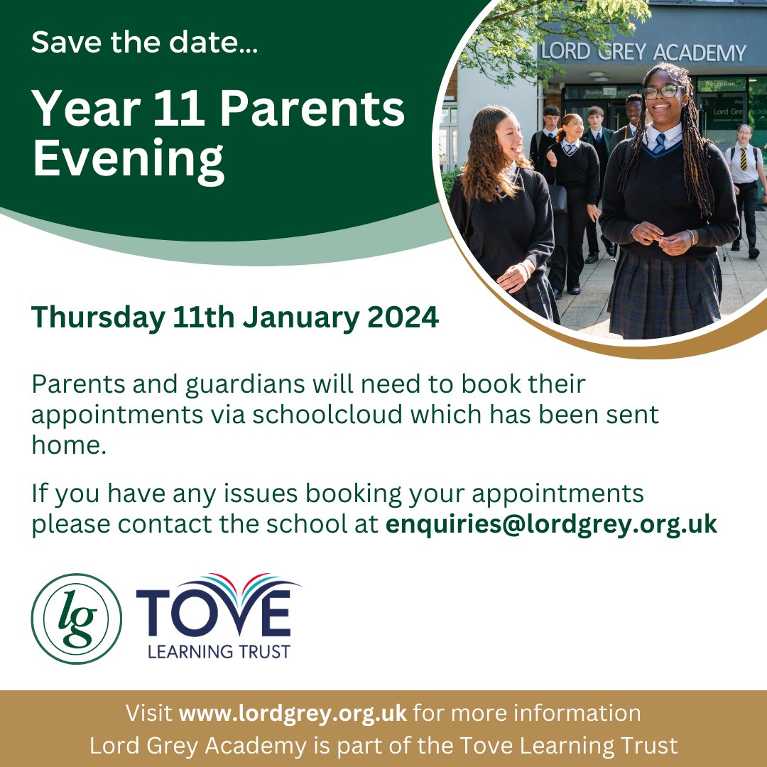 📅 Save the date! 📅
Year 11 Parents Evening is taking place on Thursday 11th January 2024.
Information on booking your appointments has been sent home, please get in touch with the school if you have any issues.