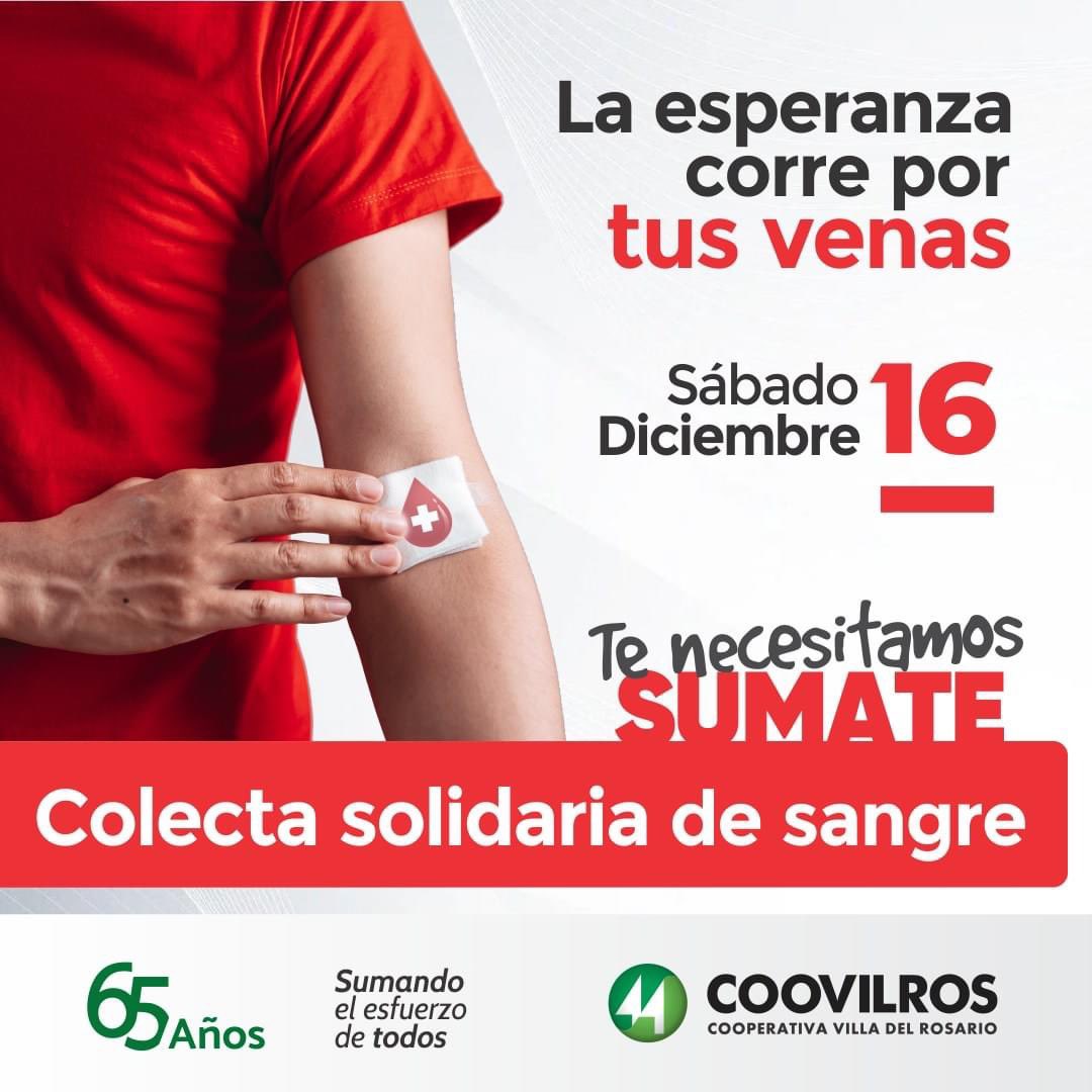 🩸🗓️ Sábado 16 de diciembre, desde las 8:30hs

Únete a la Colecta de Sangre Solidaria organizada por Servicios Sociales de Coovilros en apoyo al Hospital San Vicente de Paul.
La esperanza corre por tus venas, y cada gota cuenta para salvar vidas. 
¡Contamos contigo! 🤝✨