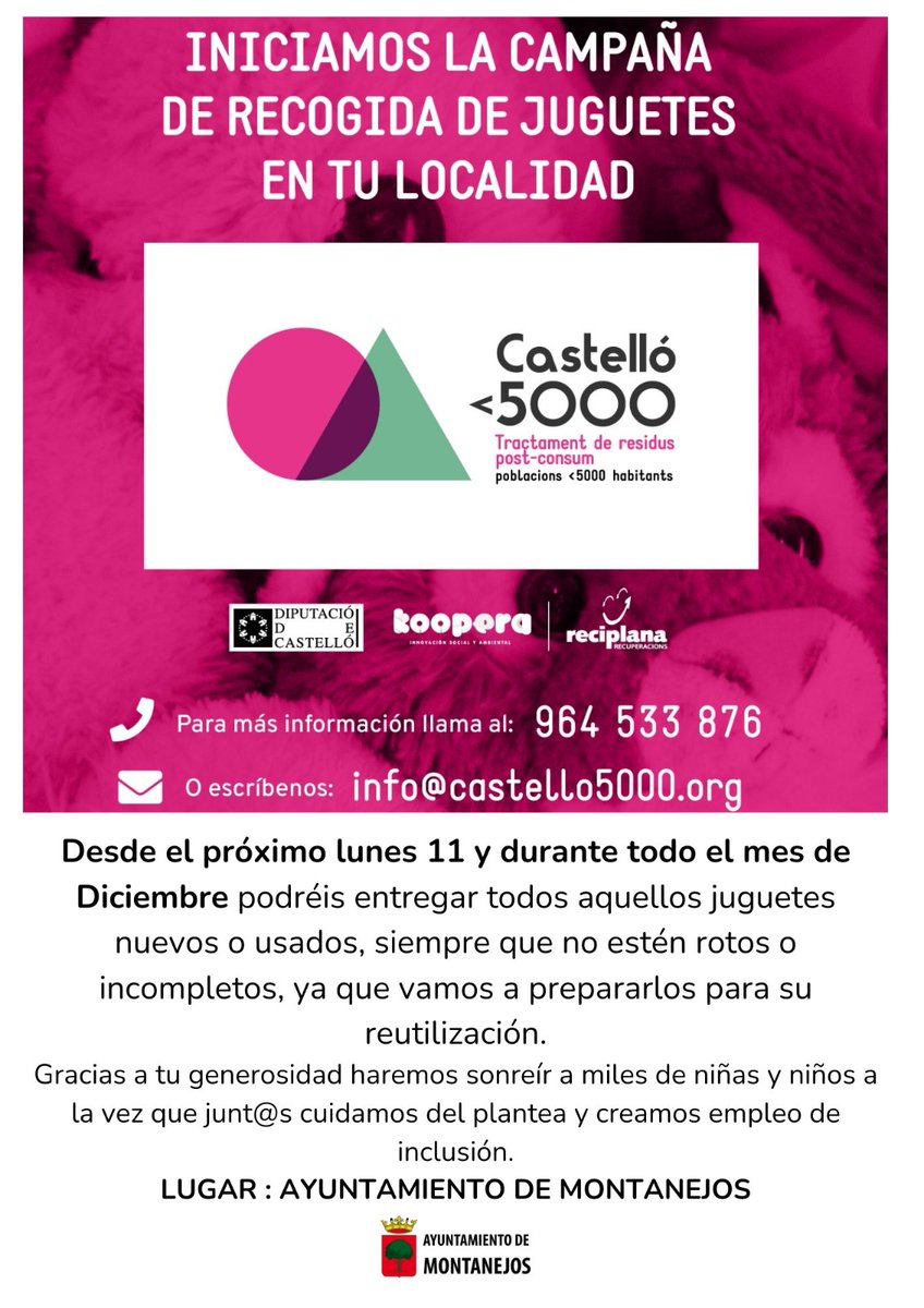 🟢 Recogida solidaria de material 👕 textil y 🧸 juguetes

🗓️ A partir del 11 de diciembre y durante todo el mes

📍 Punto de recogida: Ayuntamiento de #Montanejos