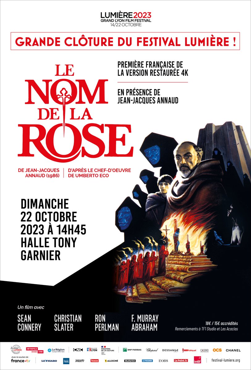 Restauré 4K et présenté en France au Festival Lumière 2023, et à l'occasion de l'annonce de la distribution @TF1Studio par @_SevenSept à partir du 1/1/24, 'Le Nom de la rose' (Jean-Jacques Annaud, 1986) est annoncé en #collector #4KUltraHD/#Bluray pour le 2ème trimestre 2024.
