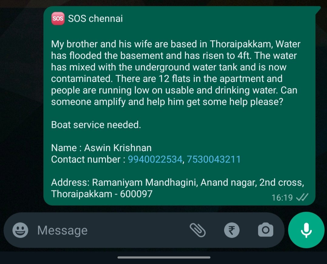 arjunkrish0014's tweet photo. @SriniMaama16
🆘🚨SOS

My brother and his wife are in Thoraipakkam. Need help please. https://t.co/Q2CwElKvHU