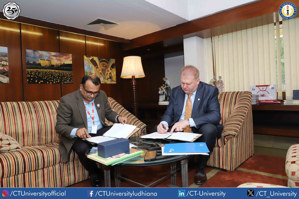CT_University's tweet photo. 🤝✨ Strengthening global ties!
CT University proudly announces the signing of memoranda of cooperation and exchange agreements with Mendel University, Brno, at the Czech Embassy in New Delhi. 🇮🇳🌐🇨🇿
#CTU #MOU #congratulations #mendeluniversity #agreements #CzechEmbassy #TeamCT https://t.co/SaPO6vvUlf