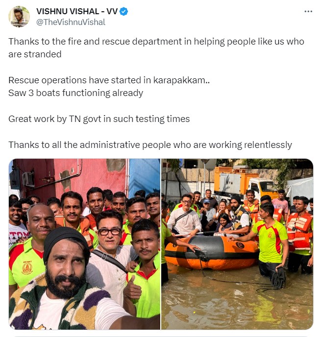 வீட்டை சூழ்ந்த மழைநீர். நடிகர்கள் அமீர் கான் மற்றும் விஷ்ணு விஷாலை படகு மூலம் மீட்ட தீயணைப்புத்துறை

சென்னை காரப்பாக்கத்தில் உள்ள தன்னுடைய வீட்டை மழைநீர் சூழ்ந்துள்ளதாக விஷ்ணு விஷால் X தளத்தில் பதிவிட்டதை தொடர்ந்து, தீயணைப்புத் துறையினர் நடவடிக்கை