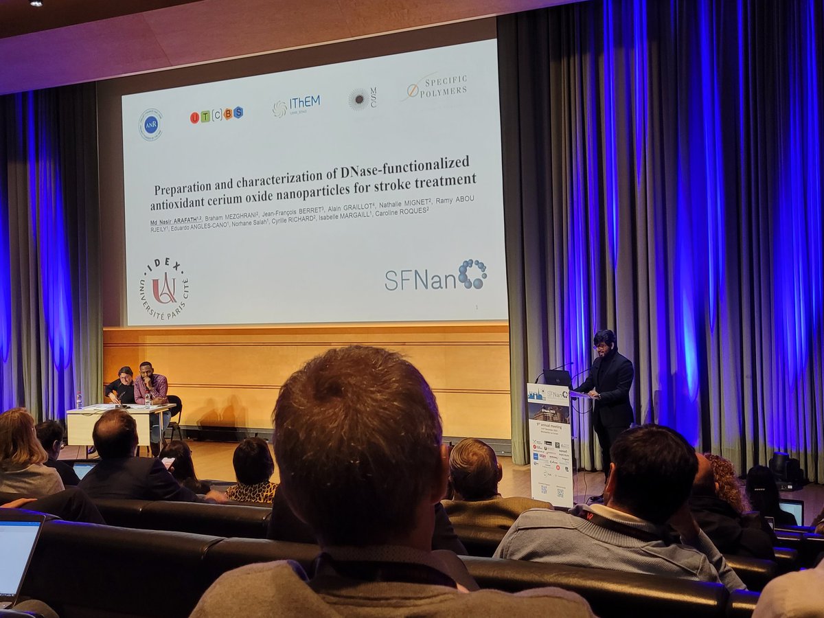 BarbaraHissa's tweet photo. Nasir Arafath @univ_paris_cite presents #DNAse-functionalized #ceriumoxide #nanoparticles as a tool to break neutrophil extracellular traps in clots formed in #stroke. 2023 @SFNano_official meeting. https://t.co/FZXh2CDxAf