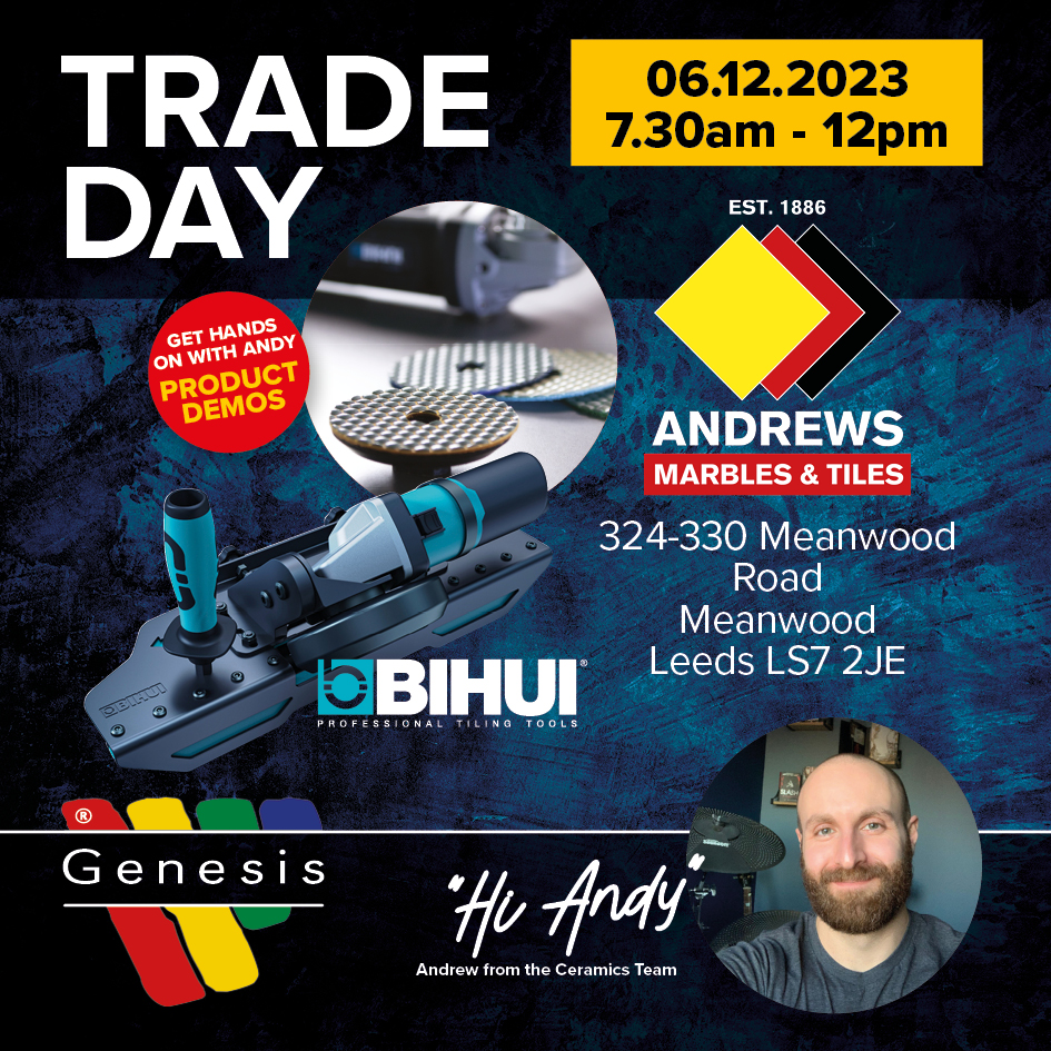 Come to @andrews_tiles tomorrow at 7.30 am and join Andy for some BIHUI Tools product demos.
Date - 06.12.23 
Time - 7.30 am to 12 pm 
Postcode - LS7 2JE 
#genesisglobalsystems #fortheperfectfinish #ceramics #BIHUI