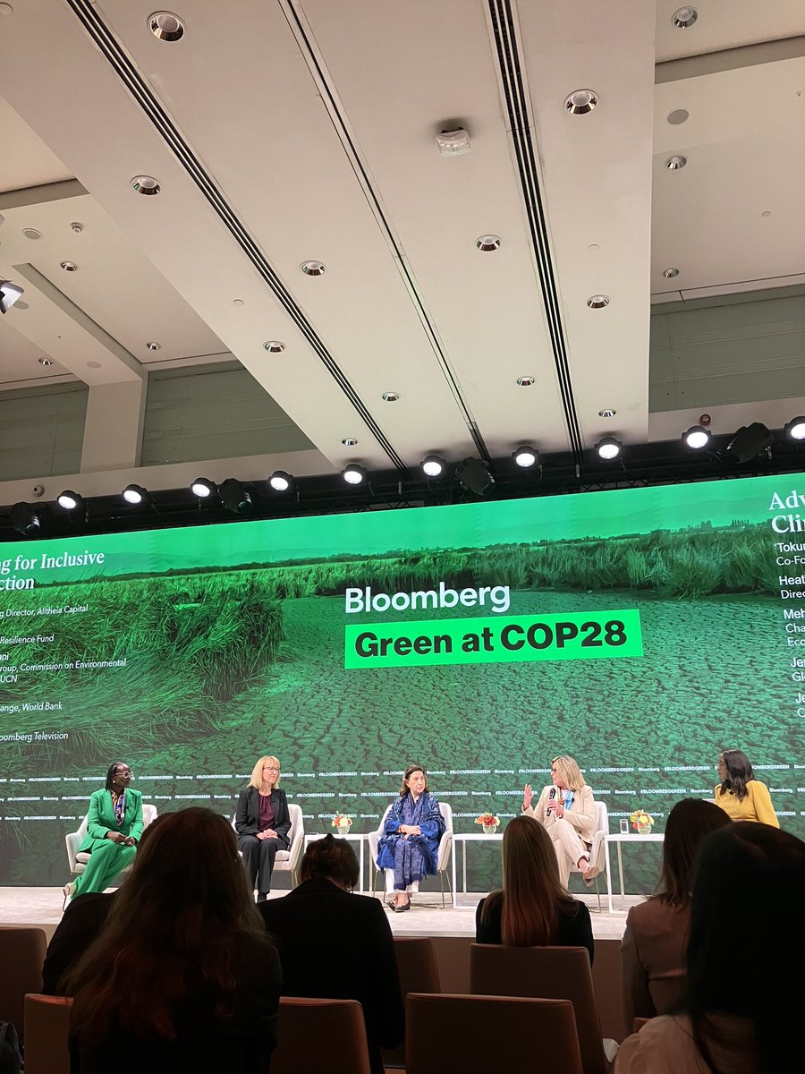 The panel kicks off speaking about gender inclusion.   ‘At CJRF one of the main things we do is support women, youth and Indigenous people to create their own solutions’, says Heather, emphasizing the importance of agency in decision-making.   #BloombergGreen at #COP28