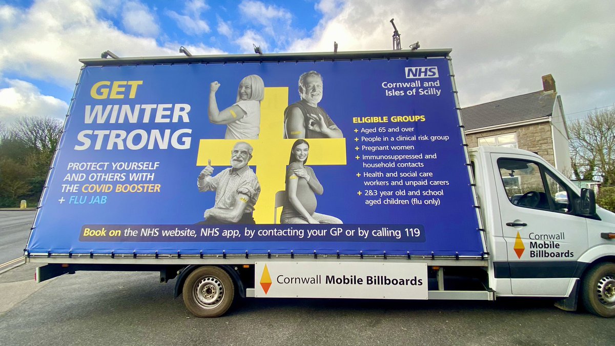 corn_billboards's tweet photo. GET WINTER STRONG 💪 protect yourself and others with the Covid Booster and Flu Jab 😀 we are in and around Pool  😎 today 😎 please 👁️look👁️ out for the advan for details 👍 @RCHTWeCare @NHSuk @NHSEngland @CornwallCouncil https://t.co/xMvgTXQbIU