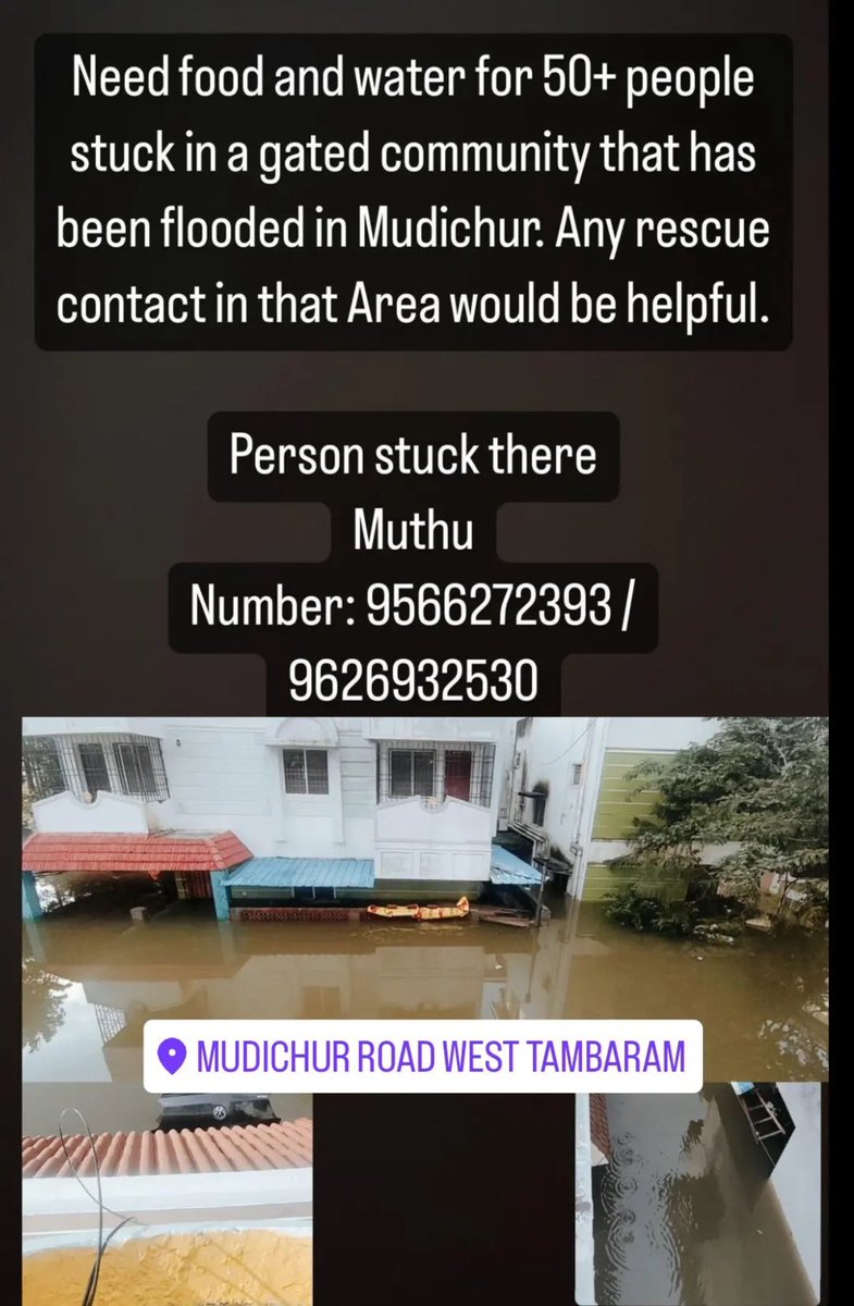 #HelpNeeded #RT 🙏🏼

Need food and water for 50+ people stuck in a gated community that has been flooded in #Mudichur

Any rescue contact in that Area would be helpful. 

@chennaicorp @CMOTamilnadu @TRBRajaa @Hereprak @nive_jessie 

#ChennaiFlood #Michaung #ChennaiRains