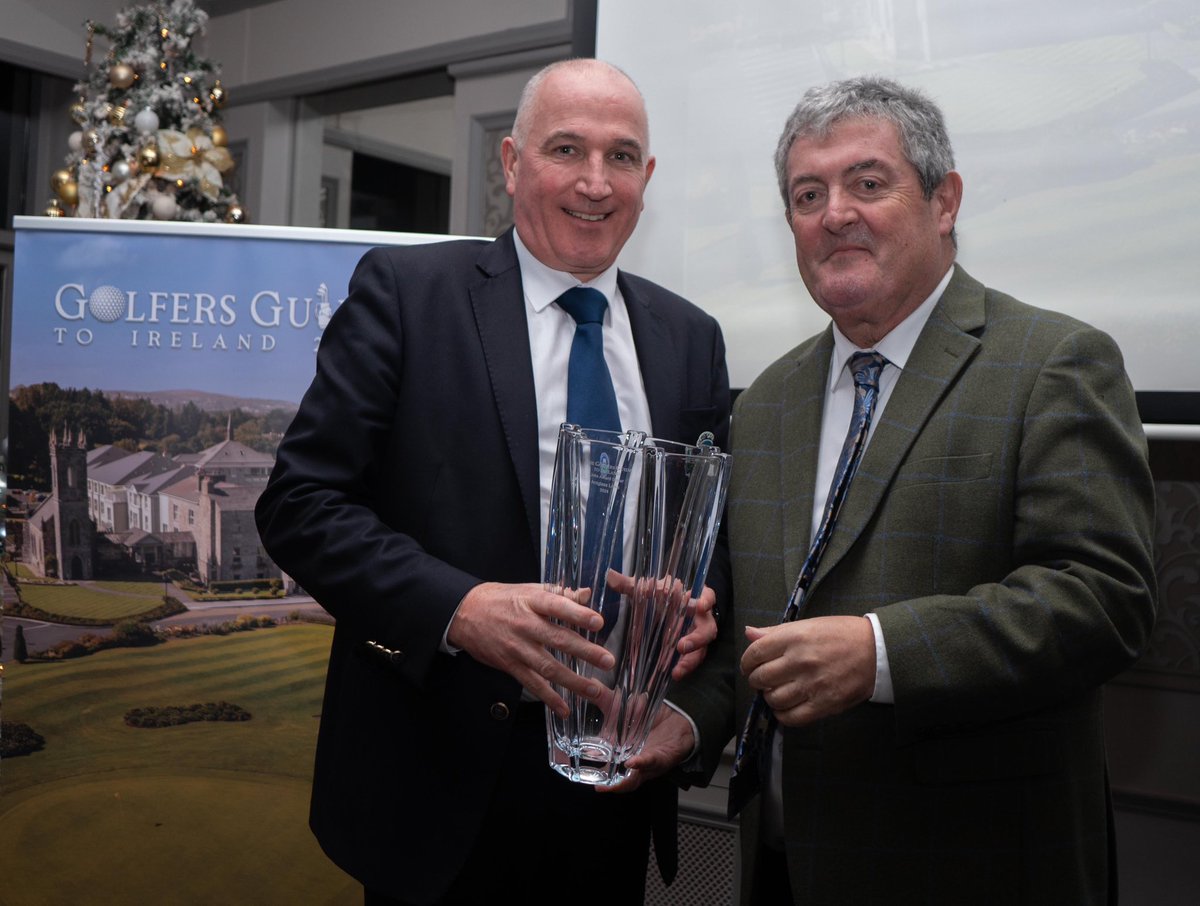 ArdglassGolf's tweet photo. Ardglass Golf Club 

Best Links in Ulster for 2023 at last nights Golfers Guide to Ireland awards @ Glenlo Abbey Hotel &amp; Estate in Galway.

Captain Kieran proudly accepts the Tipperary Crystal prize from Golfers Guide to Ireland Mr Paddy McCarthy. 

Well done to the entire team. https://t.co/S1zwf3MYMc