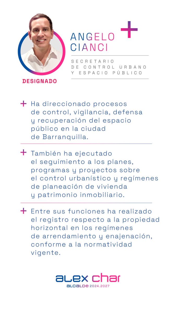 AlejandroChar's tweet photo. ¡Seguimos conformando nuestro equipo!

Angelo Cianci seguirá al frente de la Secretaría de Control Urbano y Espacio Público de Barranquilla. Es un gran profesional, y durante varios años nos ha acompañado en los proyectos de recuperación del centro de la ciudad. Continuaremos dignificando a nuestros comerciantes y juntos avanzaremos en la transformación del centro histórico de Barranquilla bajo los principios de armonía, convivencia y respeto por el espacio público.