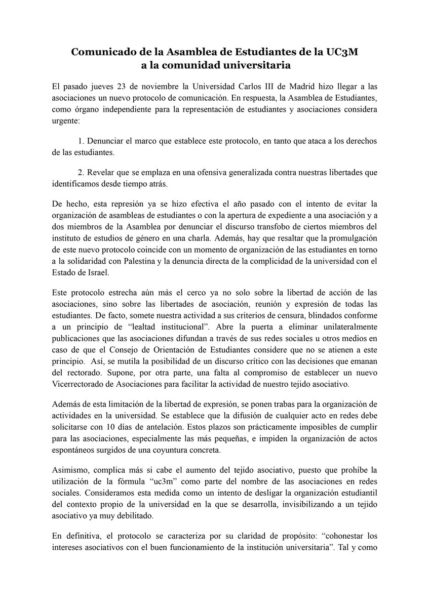 laderivauc3m's tweet photo. El nuevo protocolo de comunicación es el último atropello de la universidad a nuestros derechos. Vamos a organizar nuestra actividad bajo nuestro criterio independiente. 

🔴COMUNICADO DE LA ASAMBLEA DE ESTUDIANTES🔴 https://t.co/Kry6R48GO0