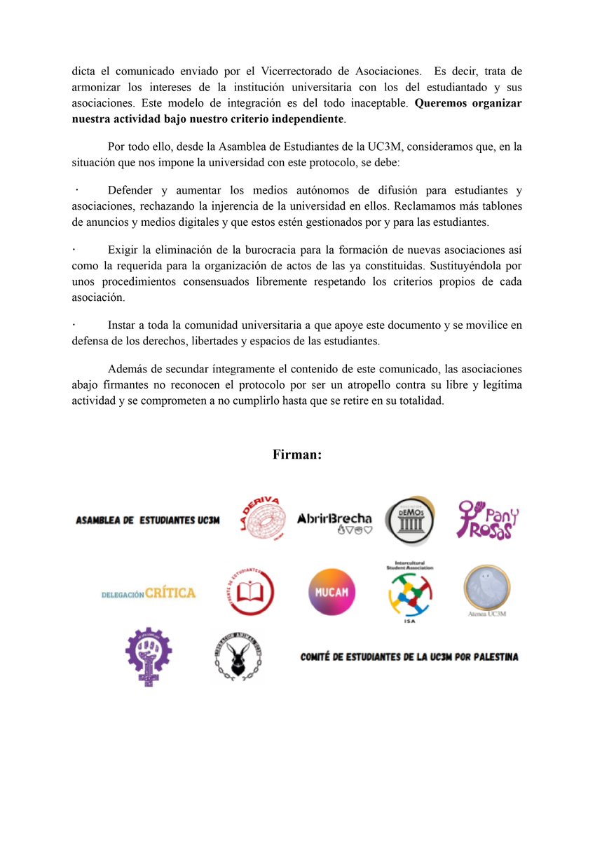 laderivauc3m's tweet photo. El nuevo protocolo de comunicación es el último atropello de la universidad a nuestros derechos. Vamos a organizar nuestra actividad bajo nuestro criterio independiente. 

🔴COMUNICADO DE LA ASAMBLEA DE ESTUDIANTES🔴 https://t.co/Kry6R48GO0