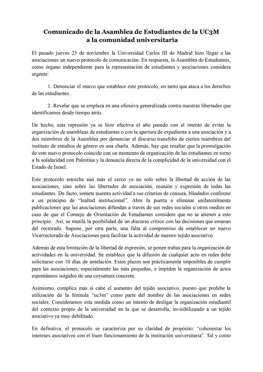 asociaciondemos's tweet photo. ¡COMUNICADO de la asamblea de estudiantes UC3M!📢 https://t.co/nWvuCDsCU1