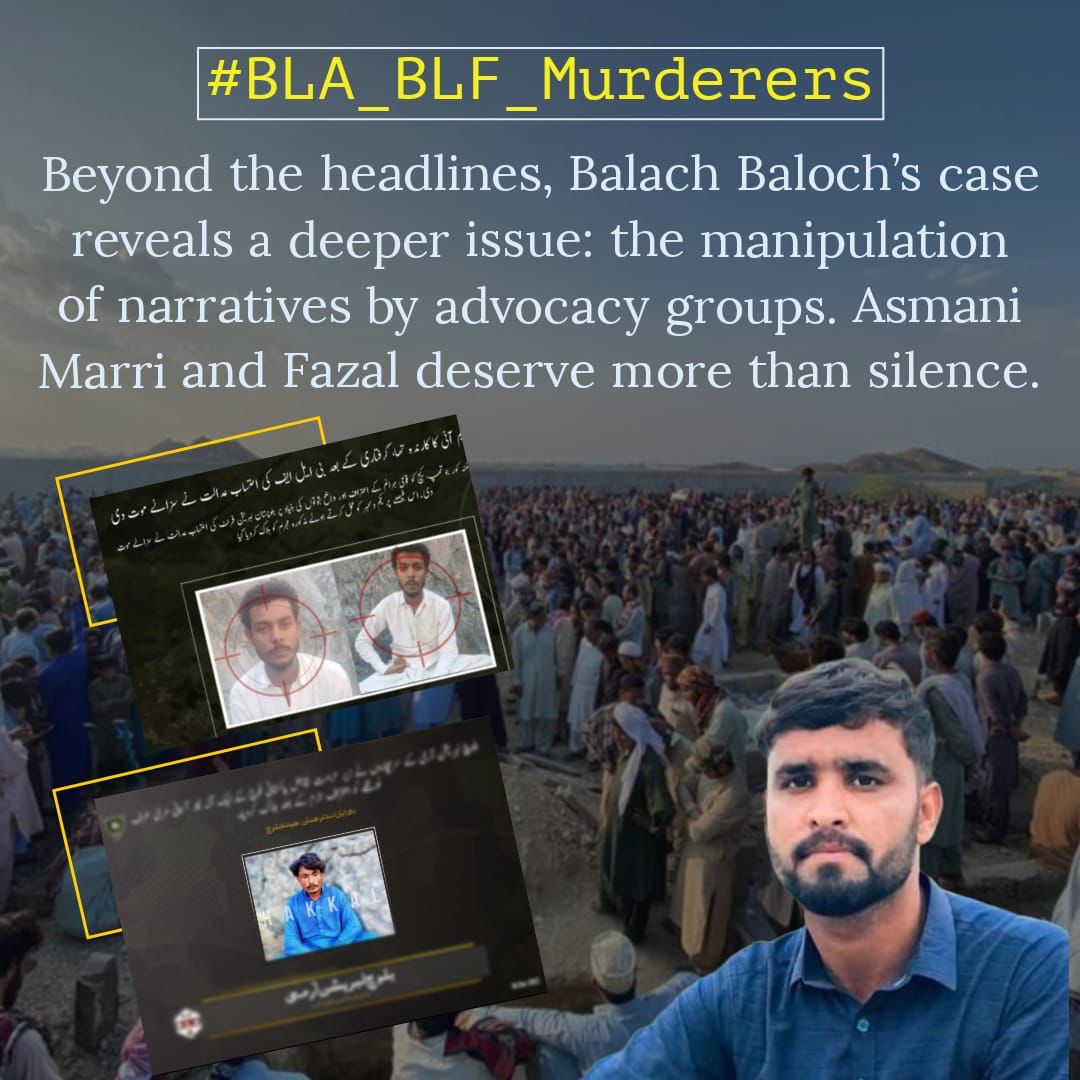 جب کہ سرخیاں ایک پر مرکوز ہیں، آئیے بلوچ ذیلی نسلی قوم پرست گروہوں کی طرف سے اسمانی مری اور فضل کی نظر انداز کی گئی کہانیوں کو نہ بھولیں۔ بلوچستان کا بیانیہ ایک جامع نقطہ نظر کا تقاضا کرتا ہے۔
 
#BLA_BLF_Murder
#BalochistanRealities #BeyondTheSurface

#BLA_BLF_Murderers