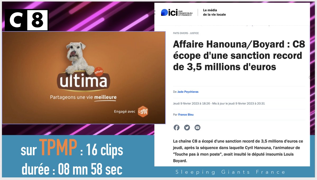 slpng_giants_fr's tweet photo. Hola, @AffinityPetcare, 
Tus anuncios franceses se emiten en el programa de televisión #TPMP (canal C8). 
Este programa ha sido sancionado por homofobia, insultos o sexismo y promueve la propaganda abyecta de figuras de extrema derecha sin oposición.
¿Seguirás financiando esto? https://t.co/4PyDGkMMRe