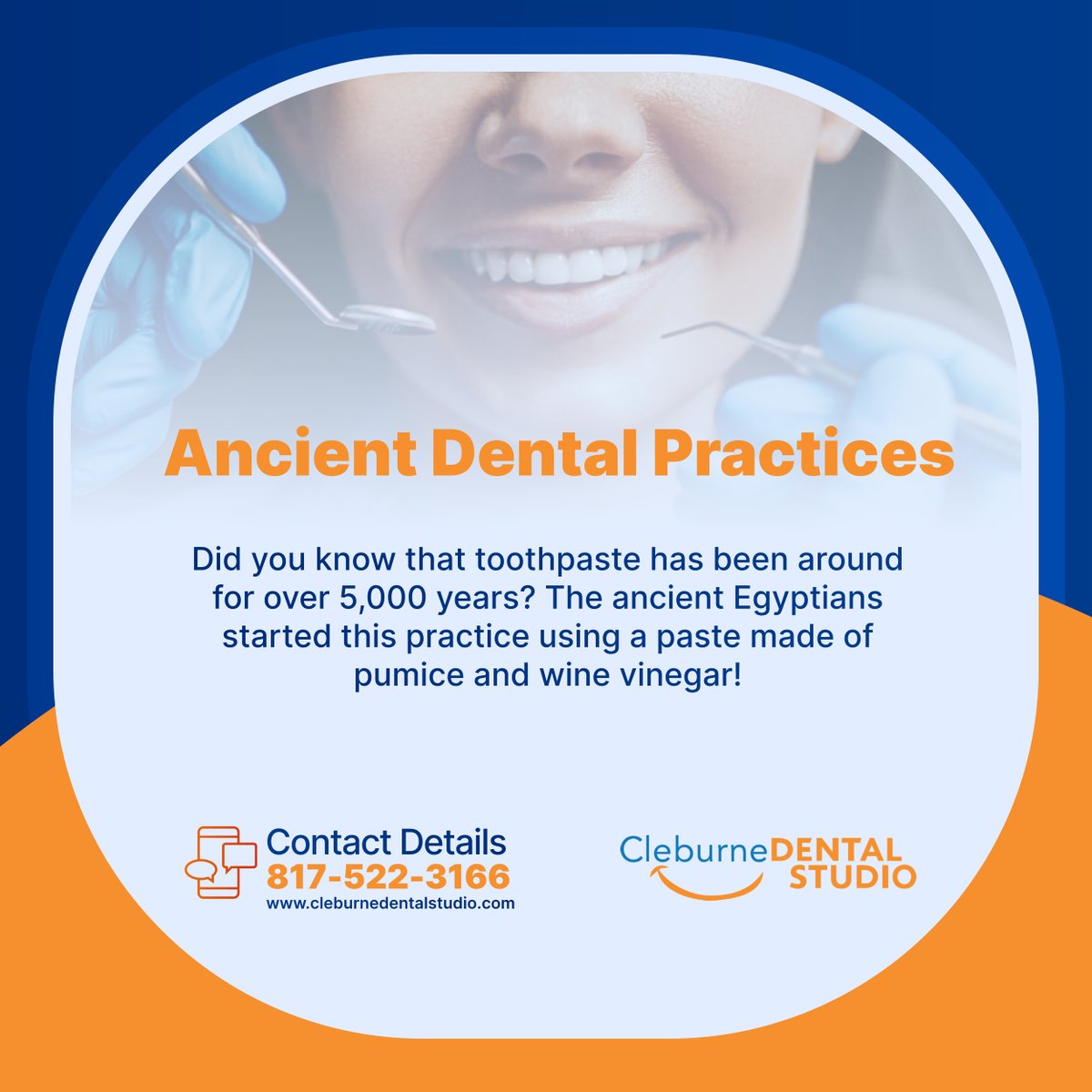 cleburnedntlstd's tweet image. Can you imagine toothpaste existing over 5,000 years ago? Kudos to the ancient Egyptians for this innovation—using a unique mix of pumice and wine vinegar!

#DentalCare #AncientPractices #CleburneTX