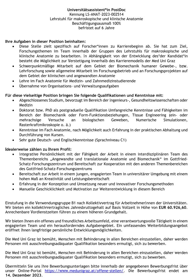 We have two #open postdoc positions, one for researchers with a #biomechanics background one for researchers with a medical/health sciences background.
You can apply until the 14th of December:
medunigraz.at/offene-stellen…
medunigraz.at/offene-stellen…
#PostDocJobs #phdchat 
<a href="/MedUniGraz/">Med Uni Graz</a>