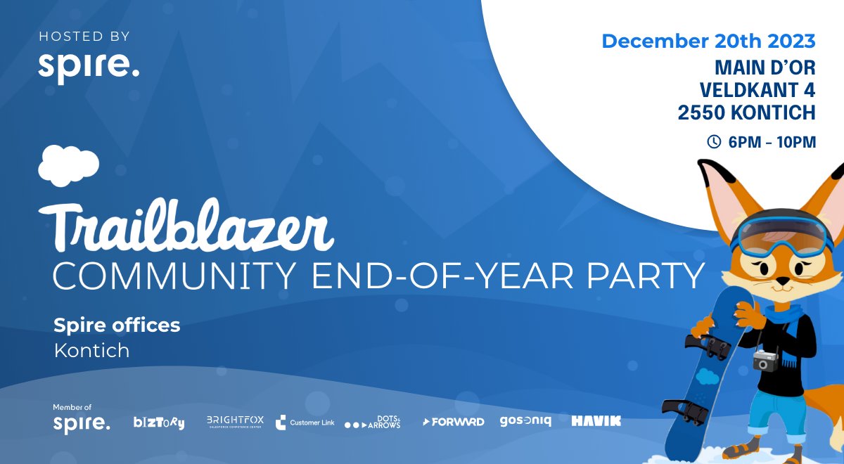 🎄 TrAIlblazers, #SaveTheDate ! 📅 Join our cozy end-of-year bash on Dec 20, 6 pm at Main D’Or, Veldkant 4, Kontich. Expect lots of fun with an ugly sweater contest &amp; #Salesforce family. Reflect on 2023 &amp; gear up for 2024! 🎅 RSVP: bit.ly/3t4BDbX #Trailblazers #Spire