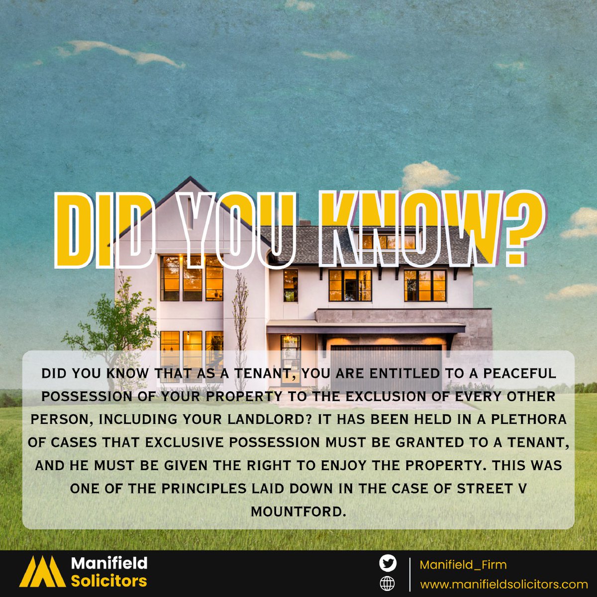 Manifield_Firm's tweet photo. Discover your rights as a tenant! Did you know that under the law, you're entitled to exclusive possession of your property? Learn more about your rights and how they're protected in cases like STREET V MOUNTFORD
#TenantRights
#PropertyLaw
#LegalInsights
#DIDYOUKNOW
#MSREALESTATE https://t.co/yiabQVQqR0