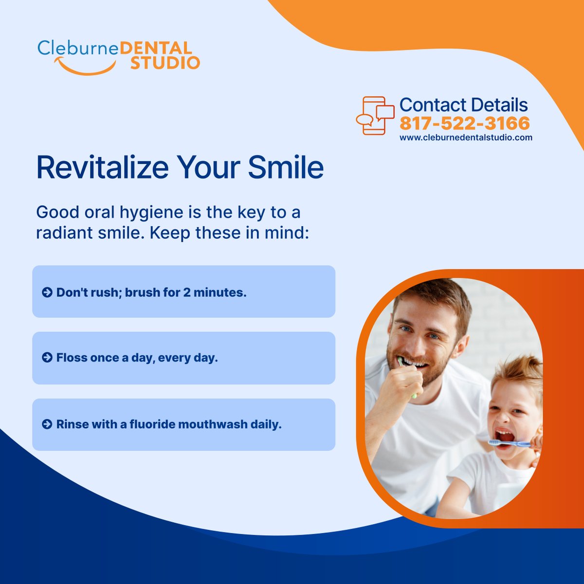 cleburnedntlstd's tweet image. Seeking a sparkling smile? It&apos;s all about good oral hygiene. Invest two minutes in brushing, daily flossing, and rinsing with fluoride mouthwash for outstanding results.

#DentalCare #OralHygiene #CleburneTX