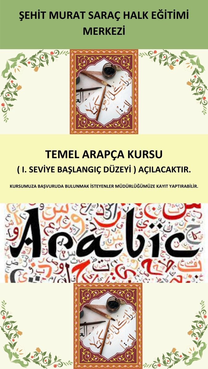 Kurumuzda Temel Arapça Kursu(I.Seviye Başlangıç Düzeyi) açılacaktır.

Başvuruda bulunmak isteyenler kurumumuza müracaat edebilir.