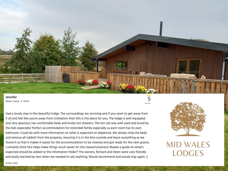 Another lovely review received on Hawthorn Lodge:  
#WheelchairFriendly #wheelchairaccessible #disabledtravel #5star #accessibilityforall #selfcateringaccommodation #visitmidwales #2023holidays #visitwales #disabledholidays #lodgeswithhottubs #midwaleslodges #fullaccessibility