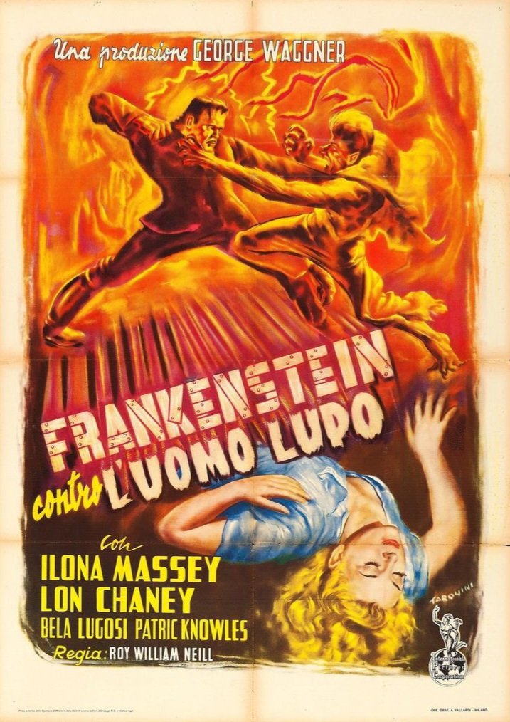 TheFilmFair's tweet photo. Italian film poster for #FrankensteinMeetsTheWolfman (1943 - Dir. #RoyWilliamNeill) #LonChaneyJr #BelaLugosi #IlonaMassey #LionelAtwill #PatricKnowles https://t.co/YfUZKZ9bo2
