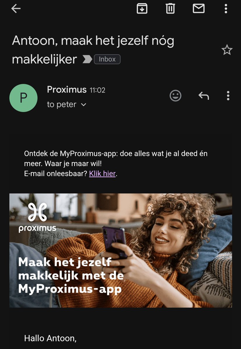 peterkuterna's tweet photo. @KrystinaSferlaz missen is menselijk, maar misschien wel iets dat verbeterd kan worden. 5 dagen geleden alles van mijn overleden vader opgezegd en bevestiging hiervan op m'n email laten bezorgen. Vandaag een bericht aan hem op dit adres om MyProximus te gebruiken https://t.co/Z8g0dzXHsh