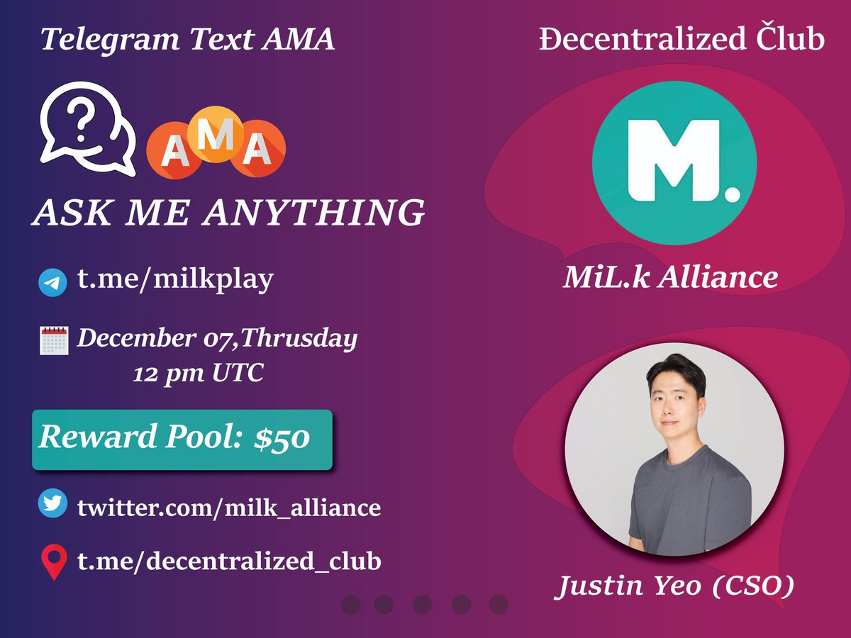 dens_club's tweet photo. DC Presenting a #Text_AMA🎉

📌 Venue : https://t.co/UTG7EBNuUo
⏰ When : 7th December 12pm UTC 
🤑 Reward : $50

10 winners Telegram (5) & Twitter (5) will get $5 each

1⃣ Follow @milk_alliance
2⃣ Like & RT & Tag 3 Friends 
3⃣ Post your questions.

🚸 Must Join MiL.k Alliance & DC Telegram & Twitter before the AMA otherwise you wont be chosen as WINNER.

https://t.co/eWRcULBuqE
https://t.co/UTG7EBNuUo
https://t.co/ME6WlEt3TP

Best of luck 🤞!

#Giveaway #Airdrops #DC #decentralized_club #NFT #NFTs #NFTgiveawas #Giveaways #Airdrop #AMAs #Crypto #web3