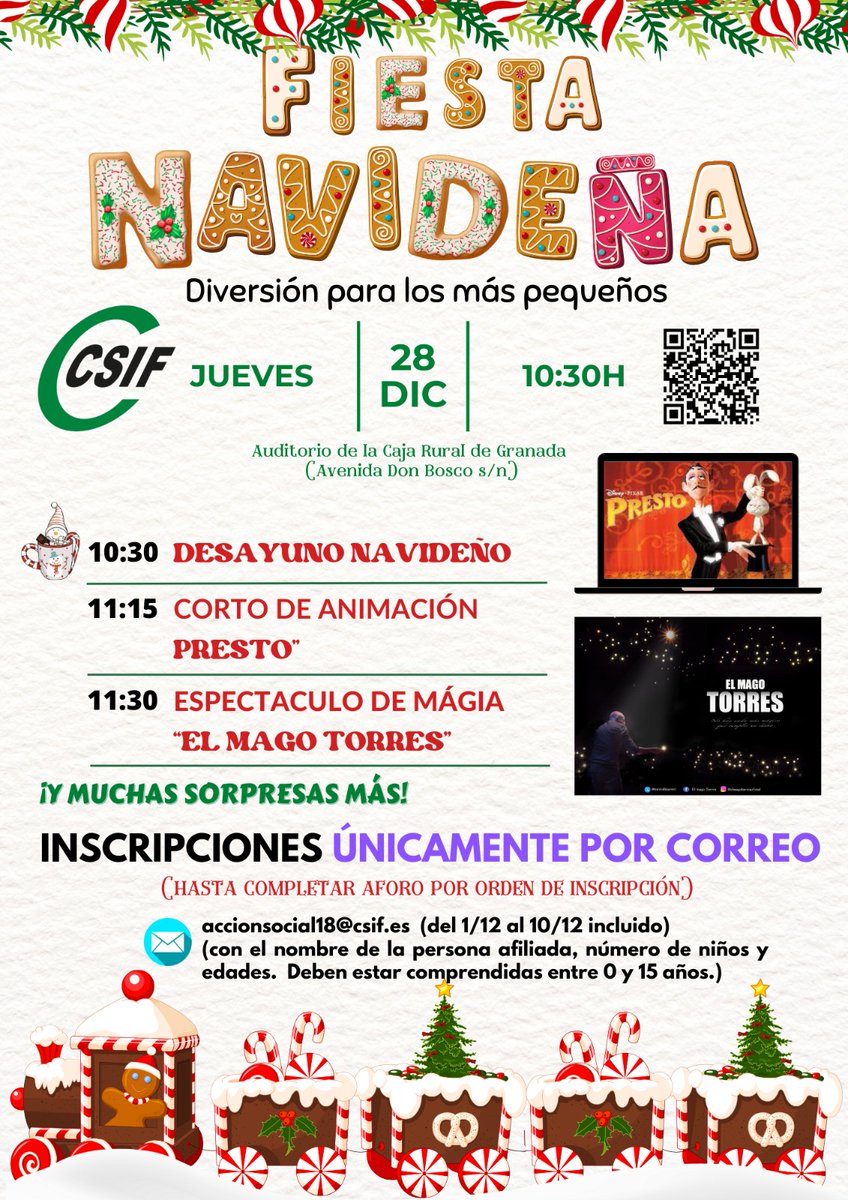 CSIFGranada's tweet photo. ¿Eres afiliado/a y quieres participar con tus peques en la fiesta de #Navidad de CSIF Granada? 👇Consulta aquí el programa completo y realiza tu inscripción en 📩accionsocial18@csif.es
✅Jueves 28 de diciembre 10.30 h.
✅Plazas limitadas hasta completar aforo
#CSIFPorTiContigo https://t.co/TKrTDl39WL