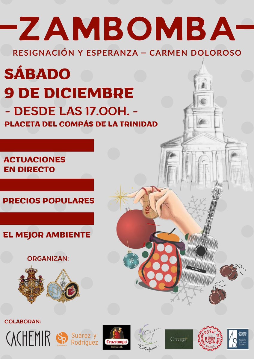 SyRasesores's tweet photo. Este sábado 9 de diciembre  colaboramos en la Zambomba organizada por @GPResignacion  y @CarmenDoloroso!

Actuaciones, buen ambiente y precios populares desde las 17.00h. en la Placeta del Compás de la Trinidad.

¡No os la perdáis!

#CofradíasMLG #Zambomba #Malaga #Navidad https://t.co/ki7NKU9BSQ