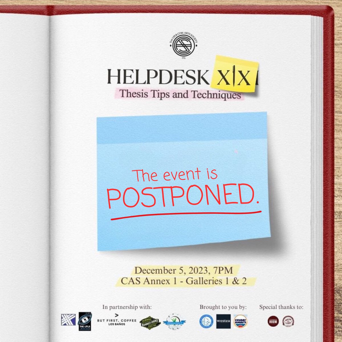 UPLBComArtSoc's tweet photo. Due to the earthquake that struck earlier, Helpdesk XIX: Thesis Tips and Techniques is POSTPONED to a later date. Kindly keep posted on our social media pages for news and updates about the event.
Weโll be back sooner than you think! ๐
#HelpdeskXIX
#BastaComArtSocPasok https://t.co/i9Mk3sy54C