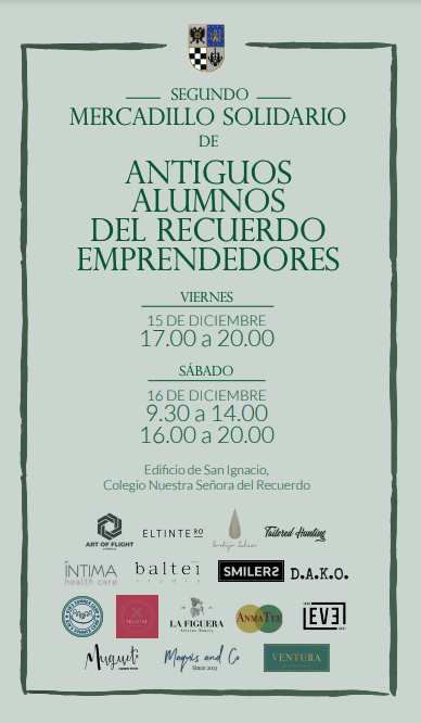 📢II "POP UP" de empresas de nuestros Antiguos Alumnos emprendedores.  ¿Te vienes a conocerlas y comprar sus productos?

🗓️Viernes 15 de diciembre
🗓️ Sábado 16 de diciembre
📍Ed. S.Ignacio