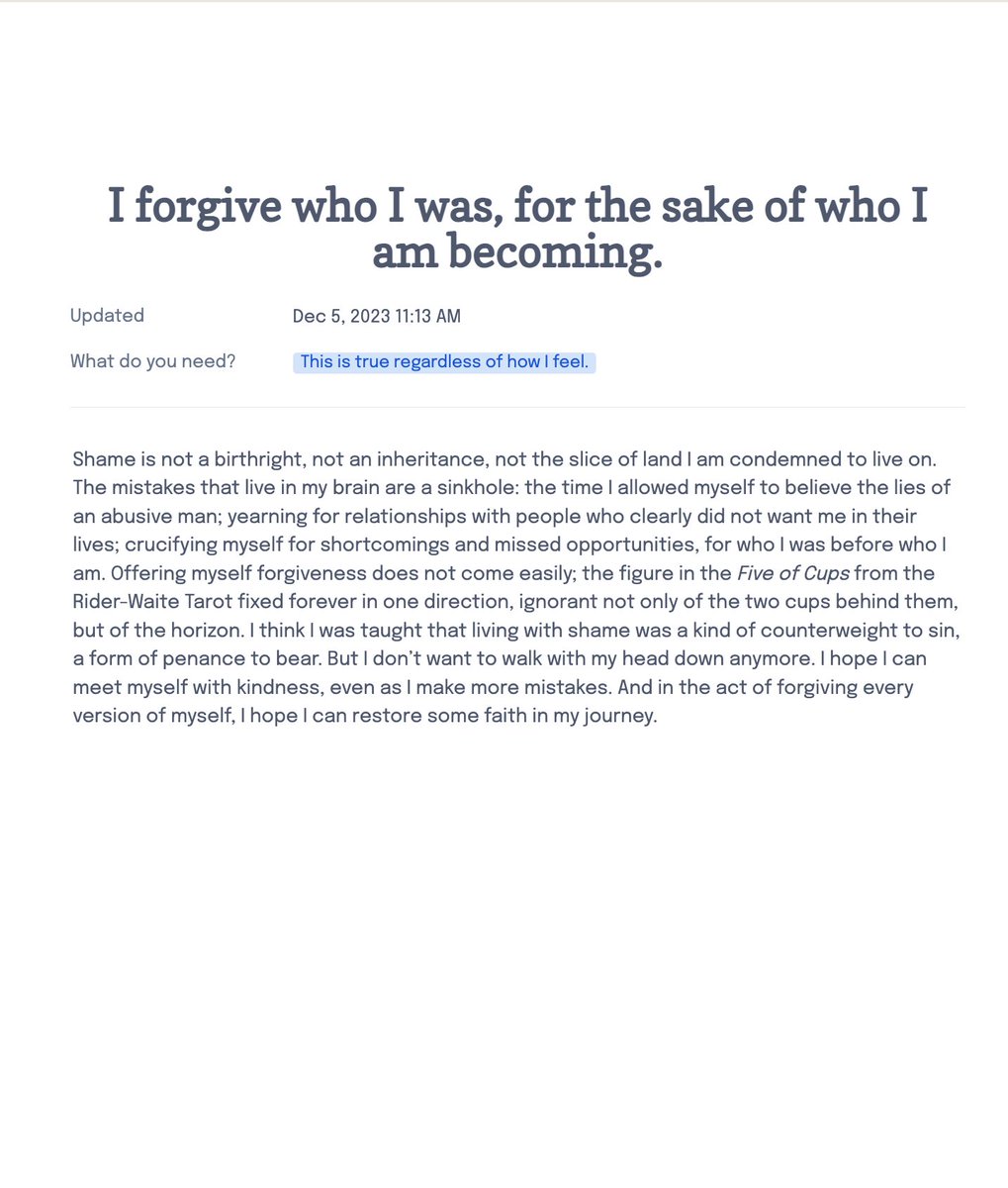 proj_affirm's tweet photo. I hope I can meet myself with kindness, even as I make more mistakes. And in the act of forgiving every version of myself, I hope I can restore some faith in my journey.

📒 https://t.co/UGNwJ8tygP

#AffirmationsForQuietAnxiousWomen #WomensMonth2023 #affirmations https://t.co/Be8PMM4nKN
