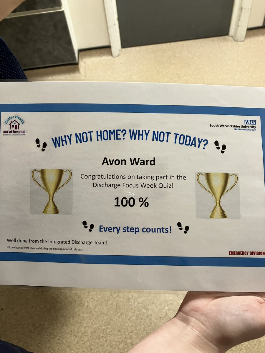 Congratulations to Avon ward from IDT & Emergency Division for getting 100% in the discharge focus week quiz!!!
