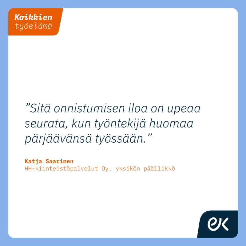 Elinkeinoelama's tweet photo. "Sanoisin jopa, että osatyökykyiset ovat poikkeuksellisen tunnollisia työntekijöitä ja mikä onnistumisen ilo heistä on nähtävissä, kun he huomaavat pärjäävänsä työssään", kertoo ylpeä esihenkilö Katja Saarinen HH-kiinteistöpalvelut Oy:stä.
#kiinteistöpalveluala #KaikkienTyöelämä