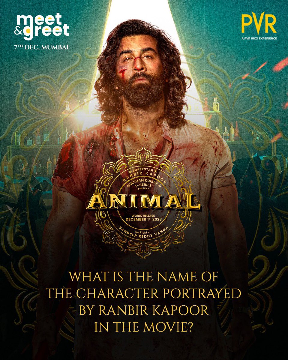 _PVRCinemas's tweet photo. Animal fever has gripped the audience! ๐ฅ๐ฏAnswer a simple question for a chance to meet the star cast of the movie on December 7 in Mumbai.
Steps:
1: Share your answer along with the city youโre from in the comments
2: Tag PVR CINEMAS and your friends
3: Tag #AnimalAtPVR contest & follow us
Winners will be announced on our Instagram page!
Now screening at PVR!
Book now: https://t.co/aktyEjTQ8O
.
.
.
#ContestAlert #Contest #MeetAndGreet #AnimalMovie #Animal #RanbirKapoor #RashmikaMandanna #AnilKapoor #BobbyDeol #TSeries