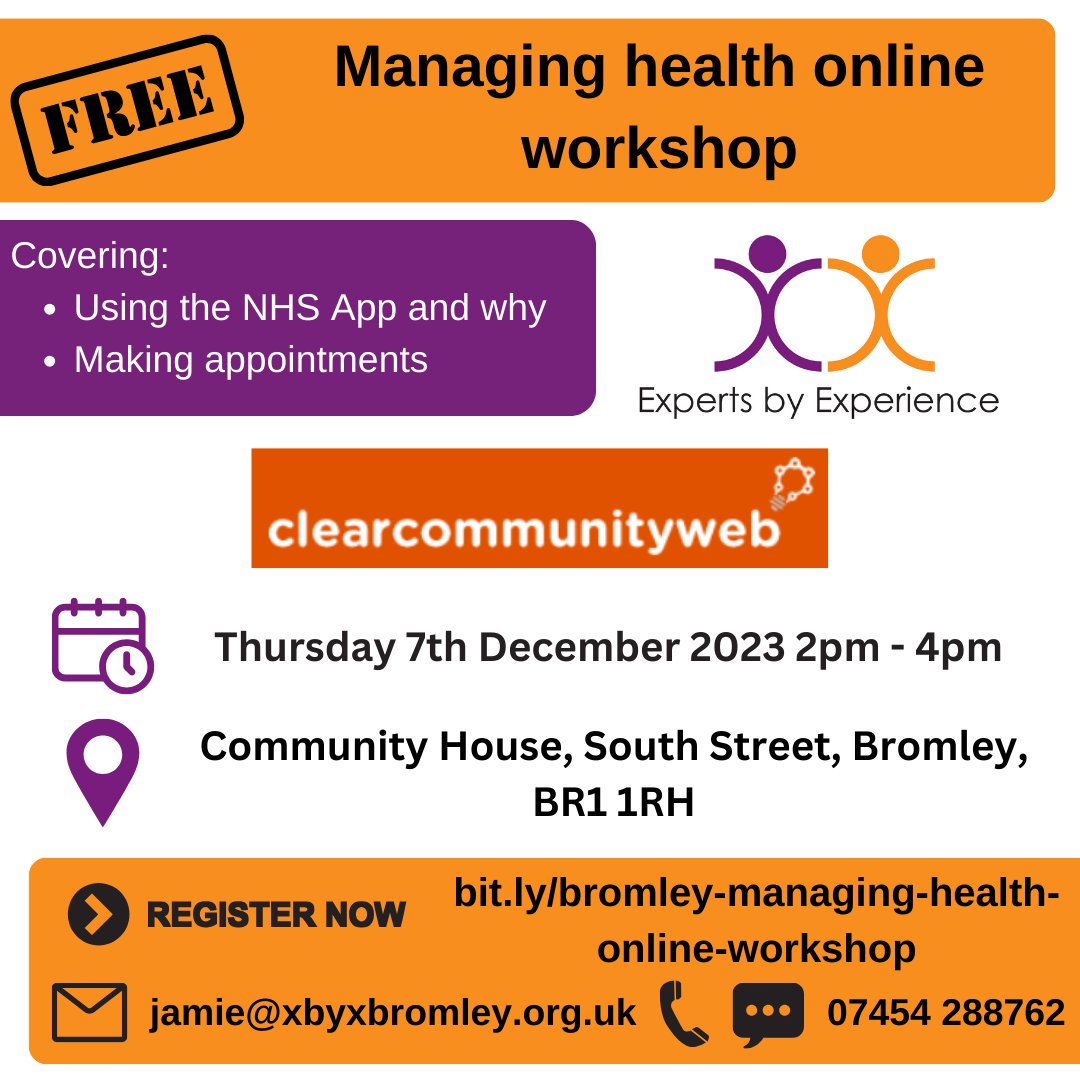 FREE managing health online workshop with @ClearCommunity on Thursday 7th December 2pm - 4pm at Community House Bromley. Register now: bit.ly/bromley-managi…. @BromleyWell @BromleyMencap @ambientsupport @CommLinksBrom @blgmind @biggervoice @SELondonICS @bromleyhcare #bromley